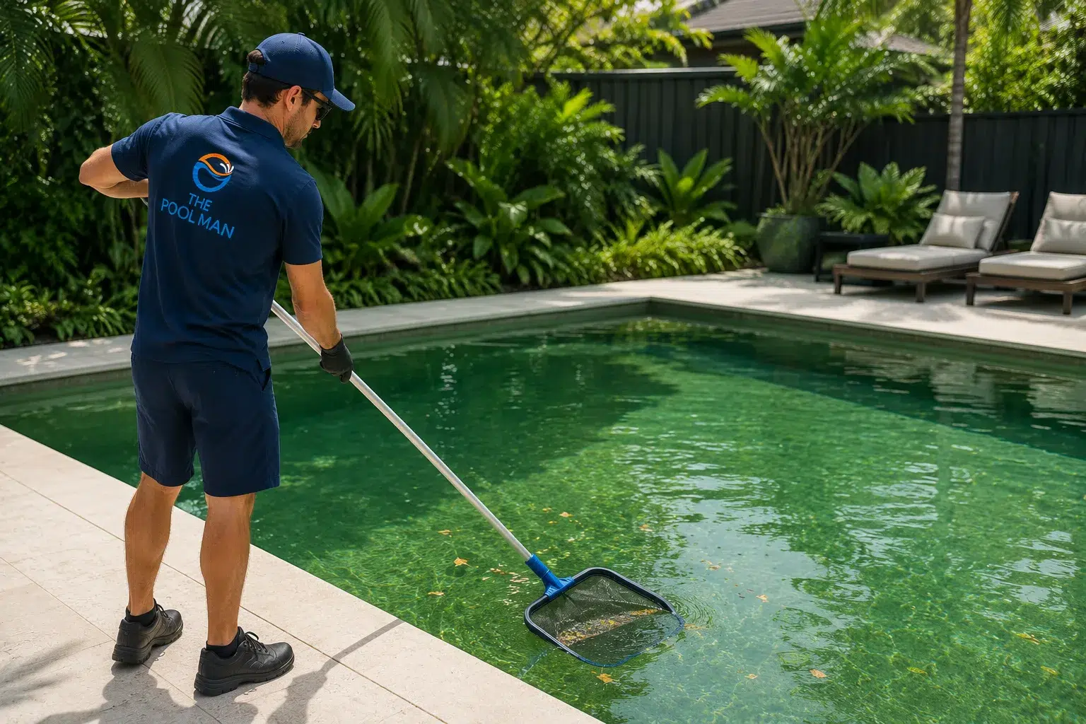 Technician cleaning a green pool Technician cleaning a green pool